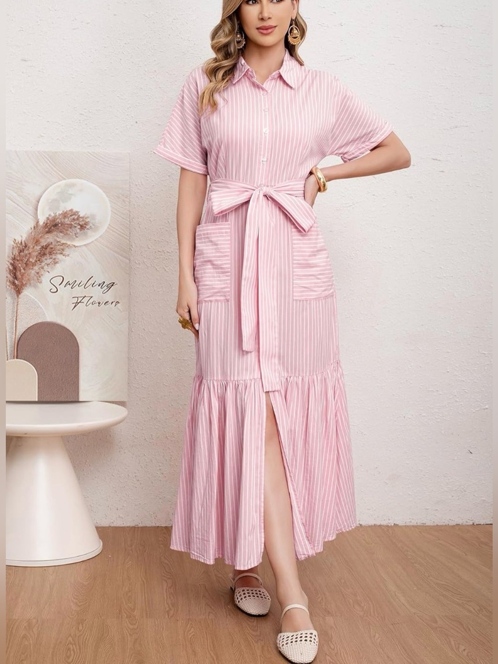 Casual Striped Button Down Maxi Dress Tie Waist Short Sleeve Shirt Dress/Pockets